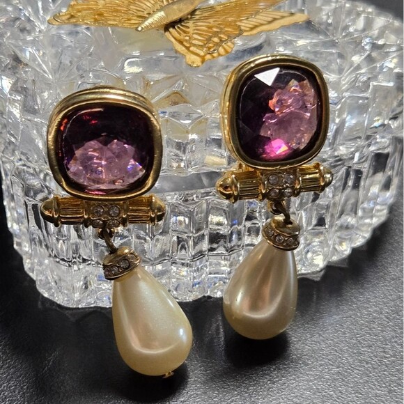 SWAROVSKI 18K GP AMETHYST CRYSTAL RHINESTONE FAUX PEARL DANGLE EARRINGS CLIPON - Picture 5 of 7